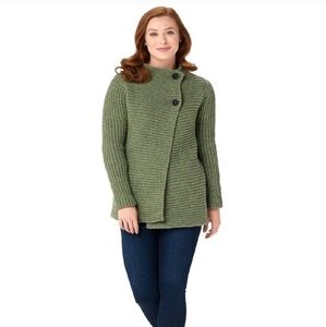 Fisherman Out of Ireland Merino Wool and Cashmere Blend Ribbed Cardigan GREEN S